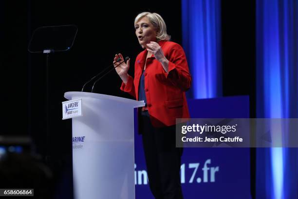 French presidential candidate Marine Le Pen, President of the Front National party, holds a meeting at the Zenith Arena de Lille on March 26, 2017 in...