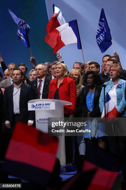 French presidential candidate Marine Le Pen, President of the Front National party, holds a meeting at the Zenith Arena de Lille on March 26, 2017 in...