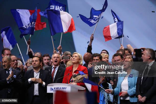 French presidential candidate Marine Le Pen, President of the Front National party, holds a meeting at the Zenith Arena de Lille on March 26, 2017 in...