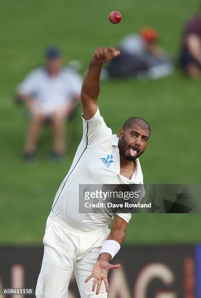 Jeetan Patel of New Zealand reacts as he bowls during day four of the Test match between New Zealand and South Africa at Seddon Park on March 28,...
