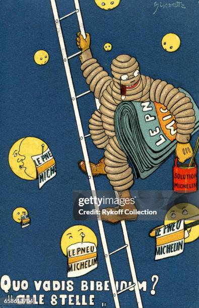 Postcard advertises Michelin tires with Bibendum, also known as 'The Michelin Man,' 1911. The text is translated as 'Whither Goest Thou, Bibendum?...