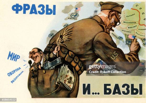 View of a Cold War-era Soviet postcard with anti-US propaganda, 1952. The headlines read, 'Phrases' and 'and Bases' . The man in the soldiers...
