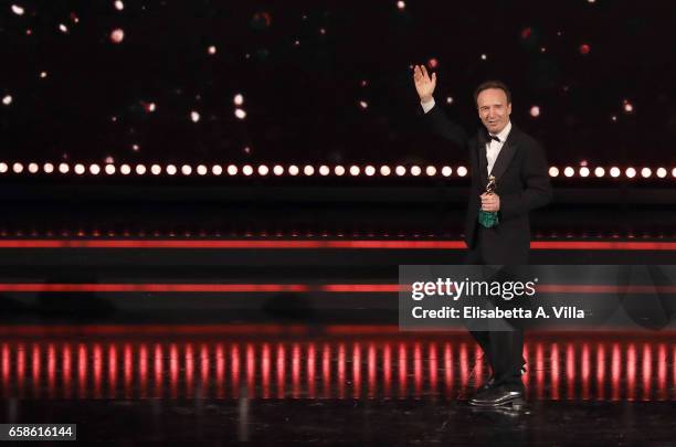 Roberto Benigni receives the Lifetime Achievement Award during the 61. David Di Donatello ceremony on March 27, 2017 in Rome, Italy.