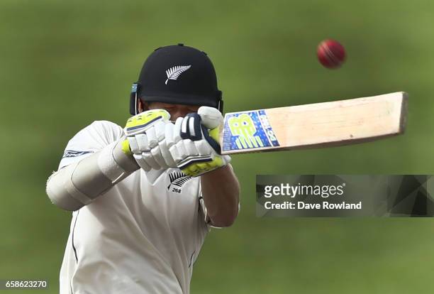 Mitchell Santner of New Zealand bats during day four of the Test match between New Zealand and South Africa at Seddon Park on March 28, 2017 in...