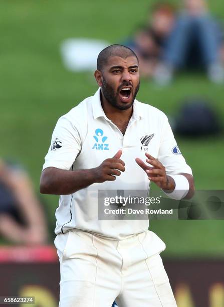 Jeetan Patel of New Zealand reacts whilst bowling during day four of the Test match between New Zealand and South Africa at Seddon Park on March 28,...