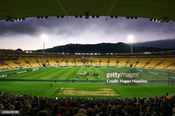 Players line up for the national anthems during the 2018 FIFA World Cup Qualifier match between the New Zealand All Whites and Fiji at Westpac...