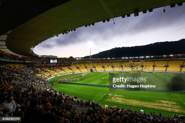 Players take the field during the 2018 FIFA World Cup Qualifier match between the New Zealand All Whites and Fiji at Westpac Stadium on March 28,...