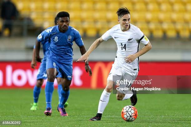 Ryan Thomas of New Zealand breaks away from Setareki Hughes of Fiji during the 2018 FIFA World Cup Qualifier match between the New Zealand All Whites...