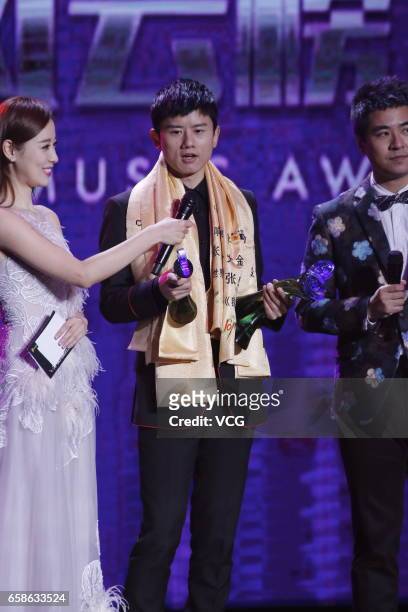 Singer Zhang Jie receives Best Female Singer Award during Chinese Top Ten Music Awards Ceremony on March 27, 2017 in Shanghai, China.