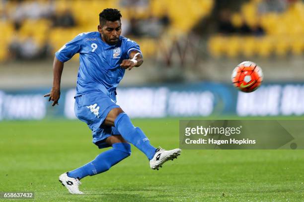 Roy Krishna of Fiji takes a shot at goal during the 2018 FIFA World Cup Qualifier match between the New Zealand All Whites and Fiji at Westpac...