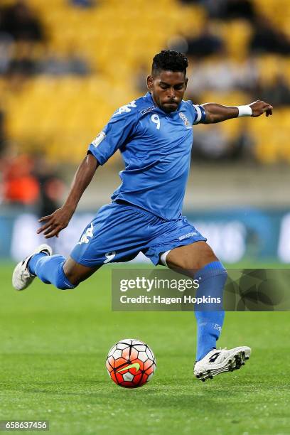 Roy Krishna of Fiji takes a shot at goal during the 2018 FIFA World Cup Qualifier match between the New Zealand All Whites and Fiji at Westpac...