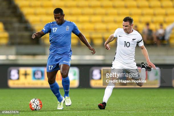Kolinio Sivoki of Fiji holds off the defense of Shane Smeltz of New Zealand during the 2018 FIFA World Cup Qualifier match between the New Zealand...