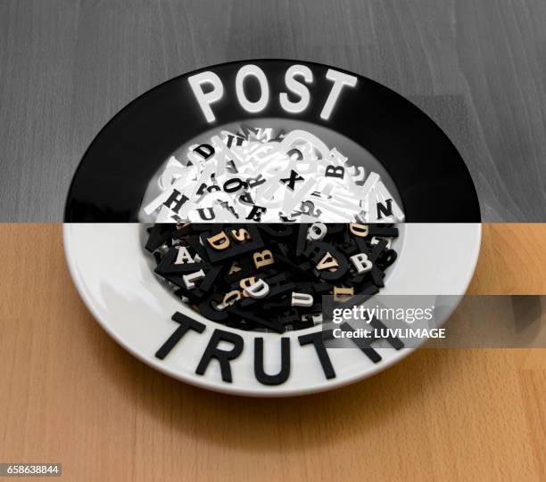 plate filled with letters and the words post and truth. - sincere chat stockfoto's en -beelden