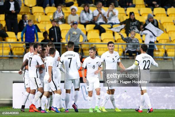 New Zealand players celebrate the goal of Ryan Thomas during the 2018 FIFA World Cup Qualifier match between the New Zealand All Whites and Fiji at...