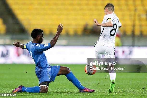 Setareki Hughes of Fiji and Michael McGlinchey of New Zealand compete for the ball during the 2018 FIFA World Cup Qualifier match between the New...