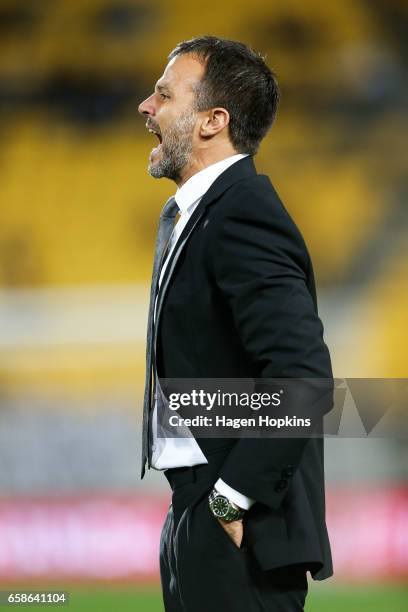 Head coach Anthony Hudson of New Zealand talks to his team during the 2018 FIFA World Cup Qualifier match between the New Zealand All Whites and Fiji...