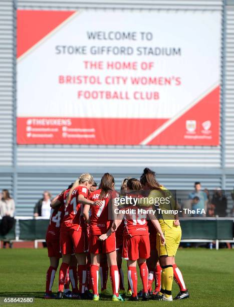 The Bristol City Women hold a pre match huddle during the SSE FA Women's Cup Sixth Round match between Bristol City Women and Manchester City Women...