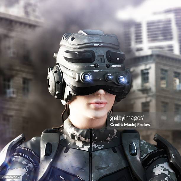 ilustrações, clipart, desenhos animados e ícones de soldier in futuristic helmet and body armor - army helmet