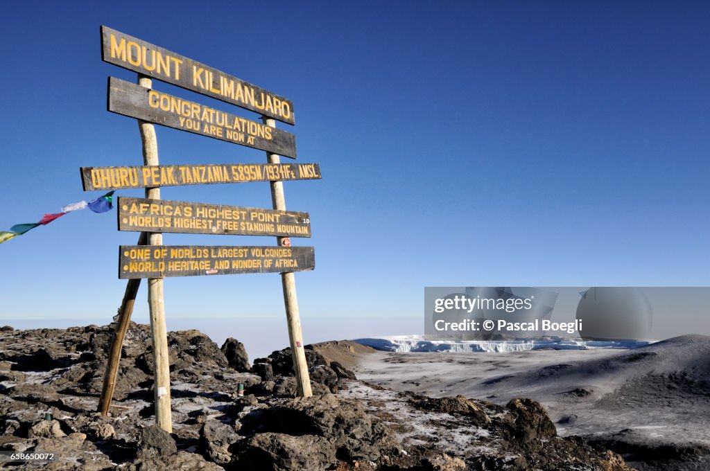 Uhuru Peak sign with Northern Icefield in the distance, Kilimanjaro National Park