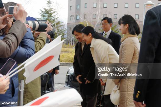 Crown Prince Naruhito , Crown Pricness Masako and their daughter Princess Aiko talk to well-wishers on arrival at Nagano Station on March 27, 2017 in...