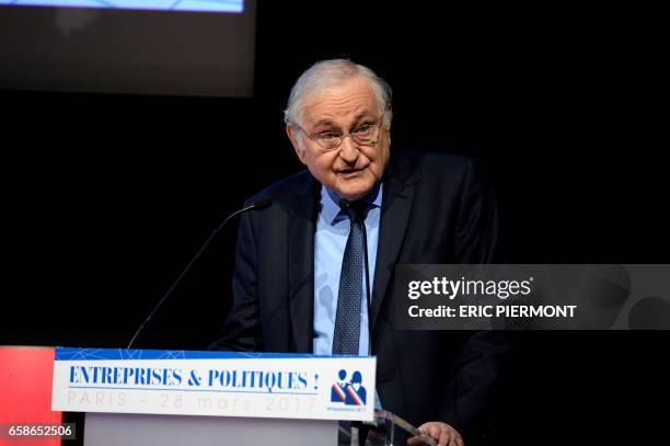 French presidential election candidate for the Solidarite et Progres party Jacques Cheminade delivers a speech during a meeting with French employers...