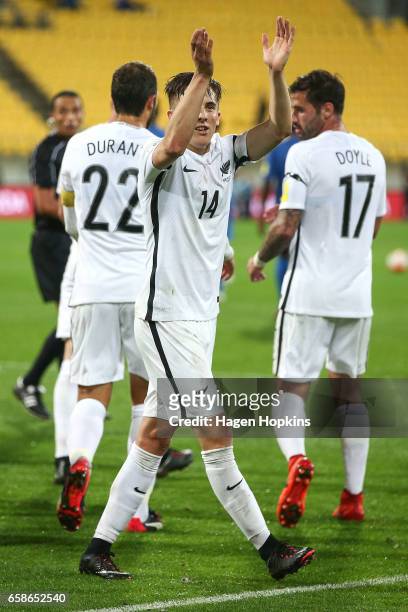 Ryan Thomas of New Zealand celebrates after scoring a goal during the 2018 FIFA World Cup Qualifier match between the New Zealand All Whites and Fiji...