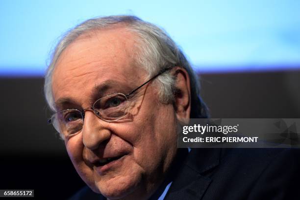 French presidential election candidate for the Solidarite et Progres party Jacques Cheminade delivers a speech during a meeting with French employers...