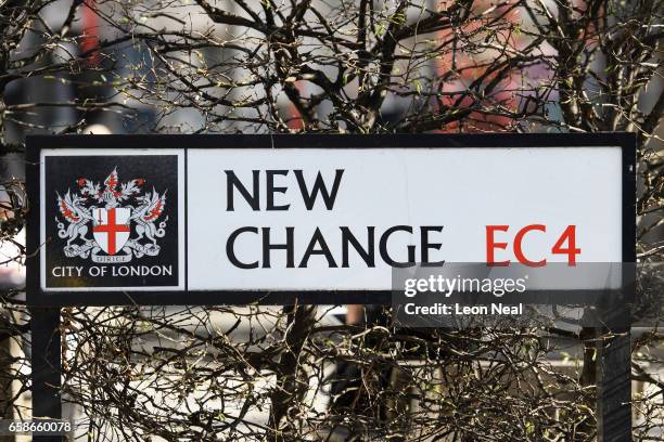 The sign for New Change in Central London is seen on March 16, 2017 in London, England. British Prime Minister Theresa May has called for a "more...