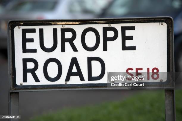 Street sign for Europe Road in South East London is pictured on March 21, 2017 in London, England.