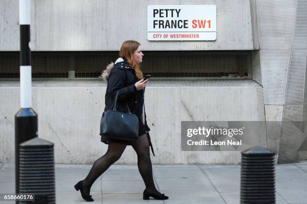 The sign for Petty France in Central London is seen on March 16, 2017 in London, England. British Prime Minister Theresa May has called for a "more...