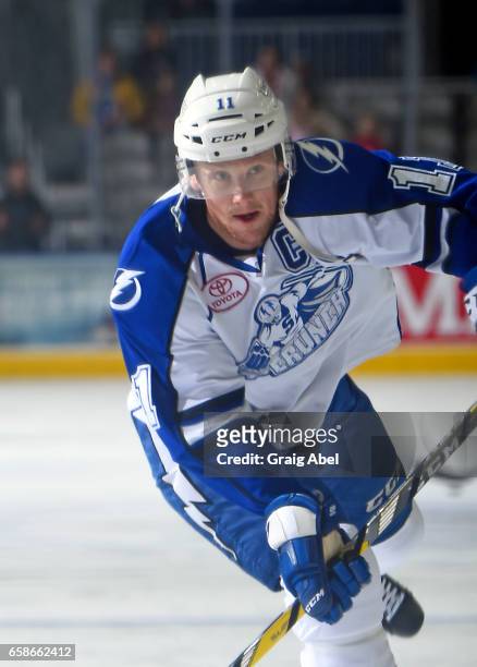 Erik Condra of the Syracuse Crunch skates in warmup prior to a game against the Toronto Marlies on March 26, 2017 at Ricoh Coliseum in Toronto,...