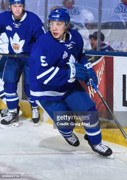 Steven Oleksy of the Toronto Marlies turns up ice against the Syracuse Crunch on March 26, 2017 at Ricoh Coliseum in Toronto, Ontario, Canada.