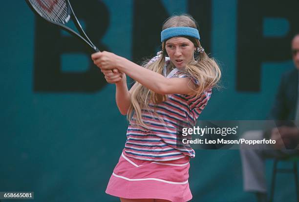 American tennis player Andrea Jeager pictured in action competing to reach the semifinals of the Women's Singles tournament at the 1981 French Open...