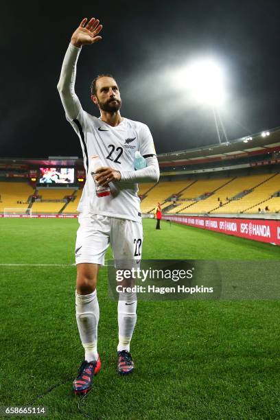 Andrew Durante of New Zealand salutes the crowd after winning the 2018 FIFA World Cup Qualifier match between the New Zealand All Whites and Fiji at...