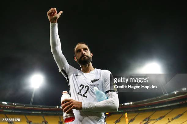Andrew Durante of New Zealand salutes the crowd after winning the 2018 FIFA World Cup Qualifier match between the New Zealand All Whites and Fiji at...