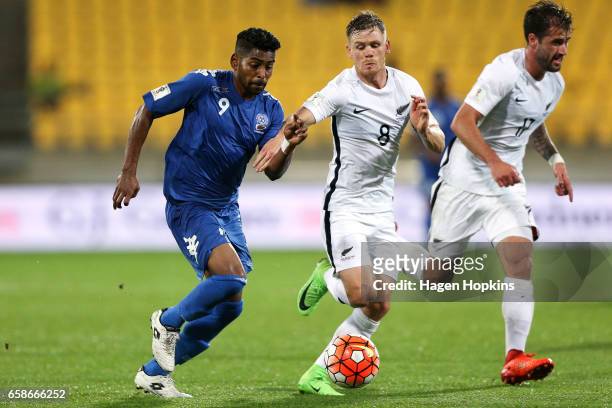 Roy Krishna of Fiji and Michael McGlinchey of New Zealand compete for the ball during the 2018 FIFA World Cup Qualifier match between the New Zealand...