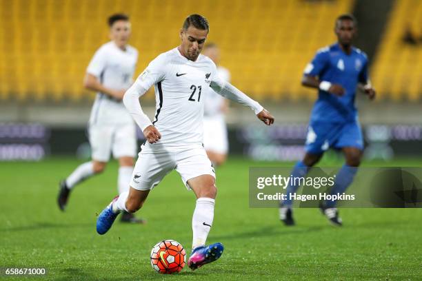 Jai Ingham of New Zealand makes a break during the 2018 FIFA World Cup Qualifier match between the New Zealand All Whites and Fiji at Westpac Stadium...