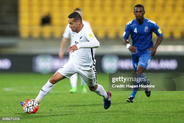 Jai Ingham of New Zealand makes a break during the 2018 FIFA World Cup Qualifier match between the New Zealand All Whites and Fiji at Westpac Stadium...