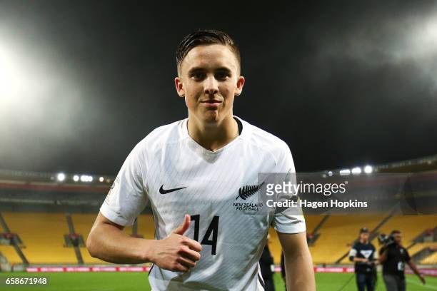 Ryan Thomas of New Zealand poses after the 2018 FIFA World Cup Qualifier match between the New Zealand All Whites and Fiji at Westpac Stadium on...