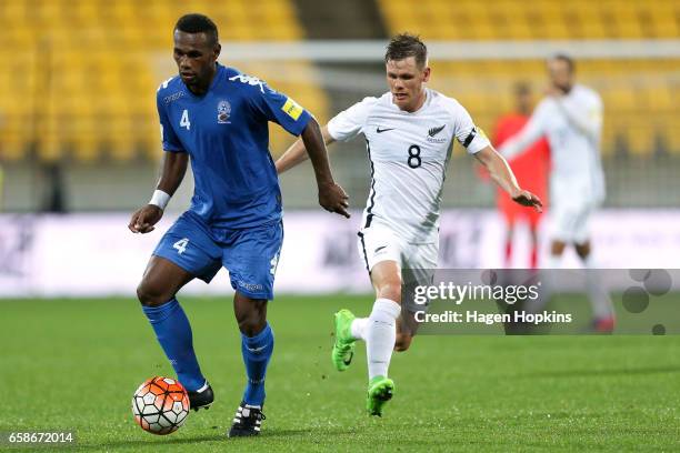 Dave Radrigai of Fiji is challenged by Michael McGlinchey of New Zealand during the 2018 FIFA World Cup Qualifier match between the New Zealand All...