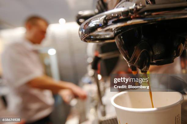 Coffee drips from a machine into a cup inside a branch of food retailer Pret a Manger Ltd. In London, U.K., on Monday, March 27, 2017. Food chain...