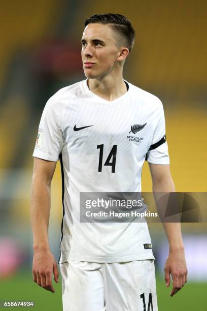 Ryan Thomas of New Zealand looks on after the 2018 FIFA World Cup Qualifier match between the New Zealand All Whites and Fiji at Westpac Stadium on...