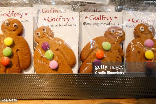 Gingerbread biscuits sit on sale inside a branch of food retailer Pret a Manger Ltd. In London, U.K., on Monday, March 27, 2017. Food chain Pret a...