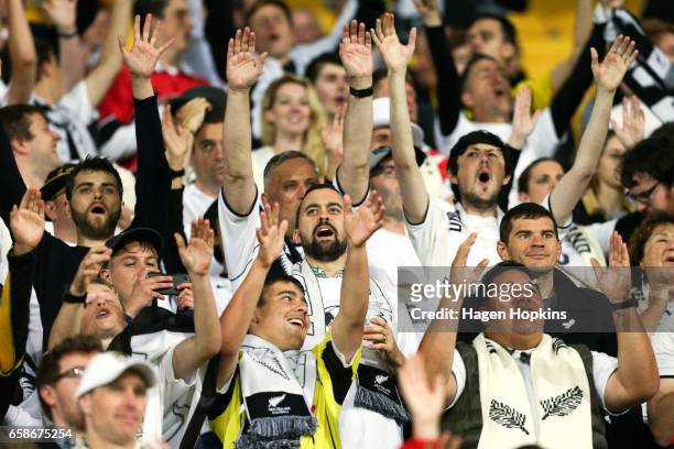 New Zealand fans show their support during the 2018 FIFA World Cup Qualifier match between the New Zealand All Whites and Fiji at Westpac Stadium on...