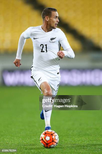 Jai Ingham of New Zealand makes a break during the 2018 FIFA World Cup Qualifier match between the New Zealand All Whites and Fiji at Westpac Stadium...