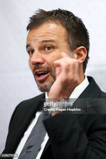 Head coach Anthony Hudson of New Zealand speaks to media after the 2018 FIFA World Cup Qualifier match between the New Zealand All Whites and Fiji at...