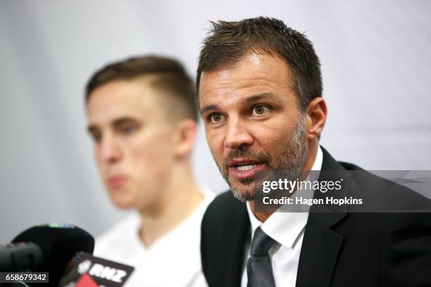 Head coach Anthony Hudson of New Zealand speaks to media while Ryan Thomas looks on after the 2018 FIFA World Cup Qualifier match between the New...