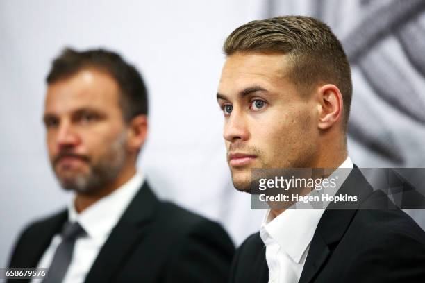 Jai Ingham and Head Coach Anthony Hudson of New Zealand look on at a press conference after the 2018 FIFA World Cup Qualifier match between the New...