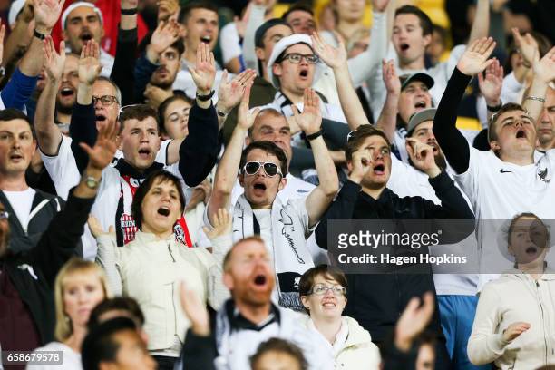 New Zealand fans show their support during the 2018 FIFA World Cup Qualifier match between the New Zealand All Whites and Fiji at Westpac Stadium on...