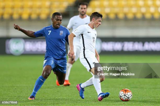 Marco Rojas of New Zealand is challenged by Epeli Saukuru of Fiji during the 2018 FIFA World Cup Qualifier match between the New Zealand All Whites...